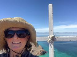 Isla Partida - Ensenada Grande: Kirsten at cross above Ensenada Grande
